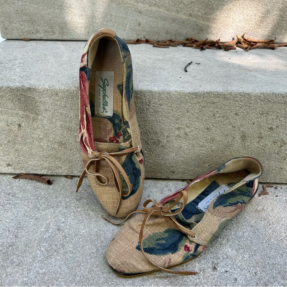 Seychelles Floral Tapestry Lace-Up Flats in Tan, Blue & Red